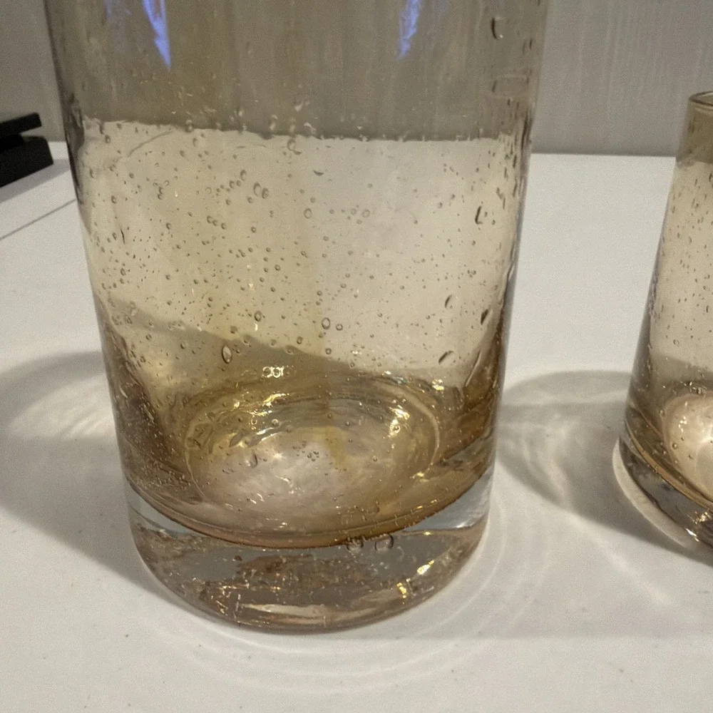 VTG MCM Amber Mouth‎ Blown Bubble Glass Decanter Tumbler Bedside Carafe 8.5